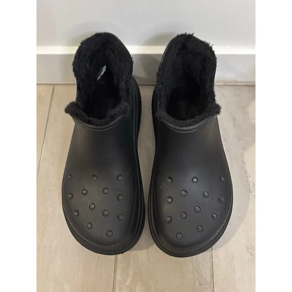 Crocs Boots M9 W11 Black Stomp Shorty Lined Chunky Platform Faux Fur Unisex